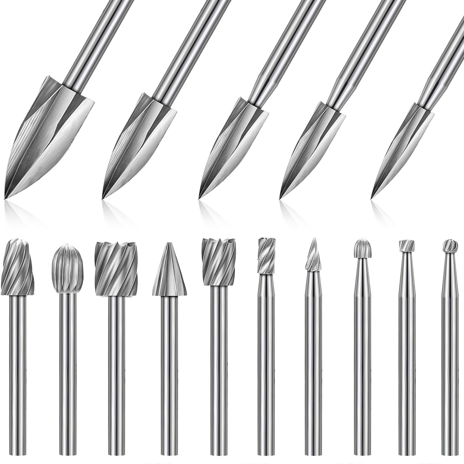 Wood Chisel Set - 15個入りHSS木工用カービングバービットセット、1/8インチシャンクロータリーバービット、木材、プラスチック、ゴムの彫刻、研磨、成形用