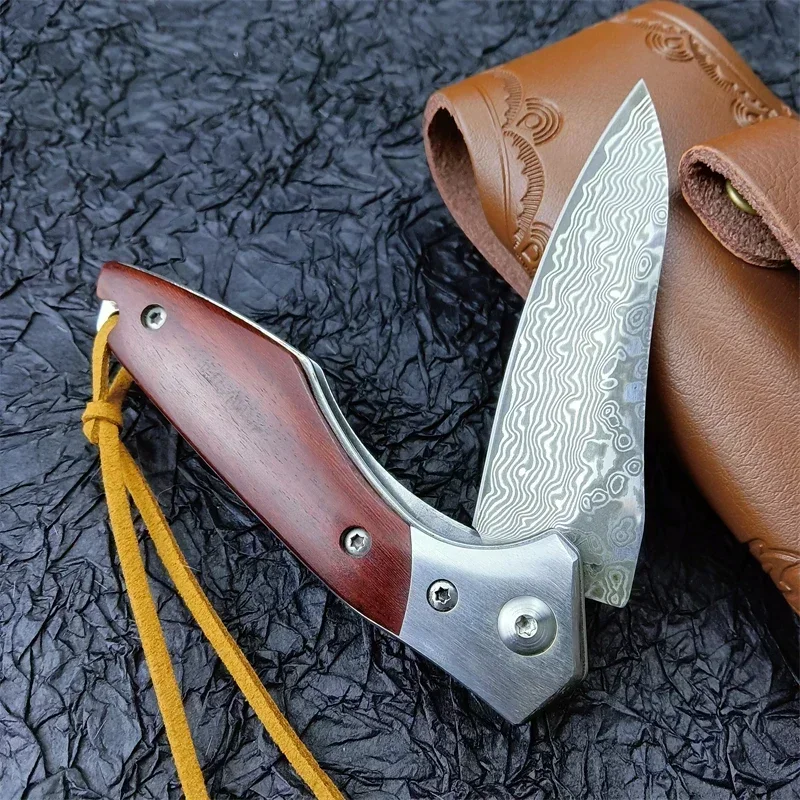 Woodworking Japan - 新型VG10ダマスカス鋼製日本製キッチンフルーツナイフ、キャンプ、ハンティング、折りたたみ式サバイバルポケットナイフ、EDCギア、木製ハンドル