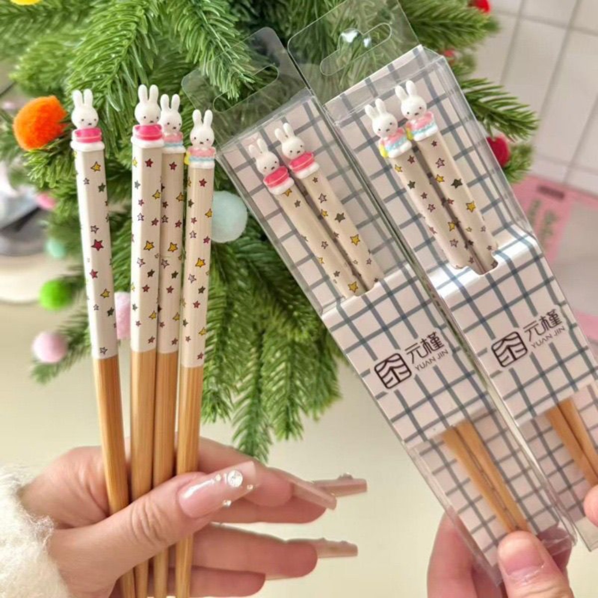 Woodworking Ideas - かわいいミッフィーうさぎ箸 キュートな漫画ミッフィーうさぎ星柄カバー 3Dミッフィーうさぎ竹と木製箸ギフトセット
