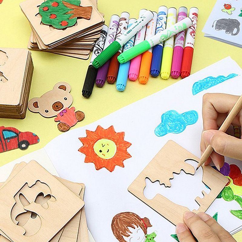 Woodworking Kit - マーク付き木製描画テンプレート、DIYテンプレート、描画ツールセット、子供用描画テンプレート、42個