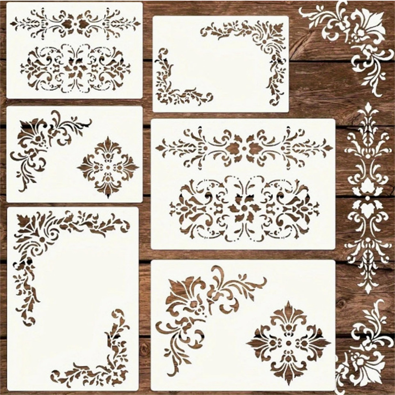 Woodworking Art - 6 個の花柄コーナーステンシル絵画テンプレート用ヴィンテージダマスクボーダーステンシル DIY テンプレート木製家具壁アート工芸品用