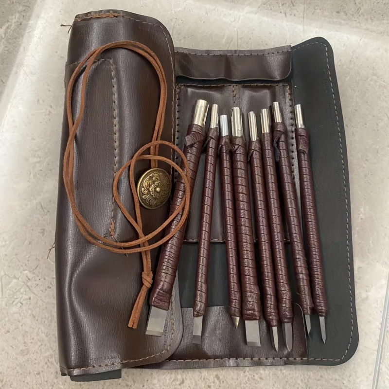 Wood Chisel Set - ‌ 8本組タングステン鋼彫刻刀セット - 石/木/金属彫刻用レザーハンドル＆バッグ付き