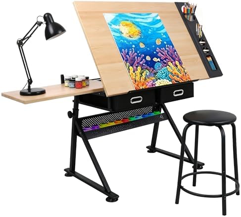 Woodworking Art - 製図台 アートデスク 収納引き出し2個付き、高さ調節可能な製図台、画家、作業、執筆、家庭用