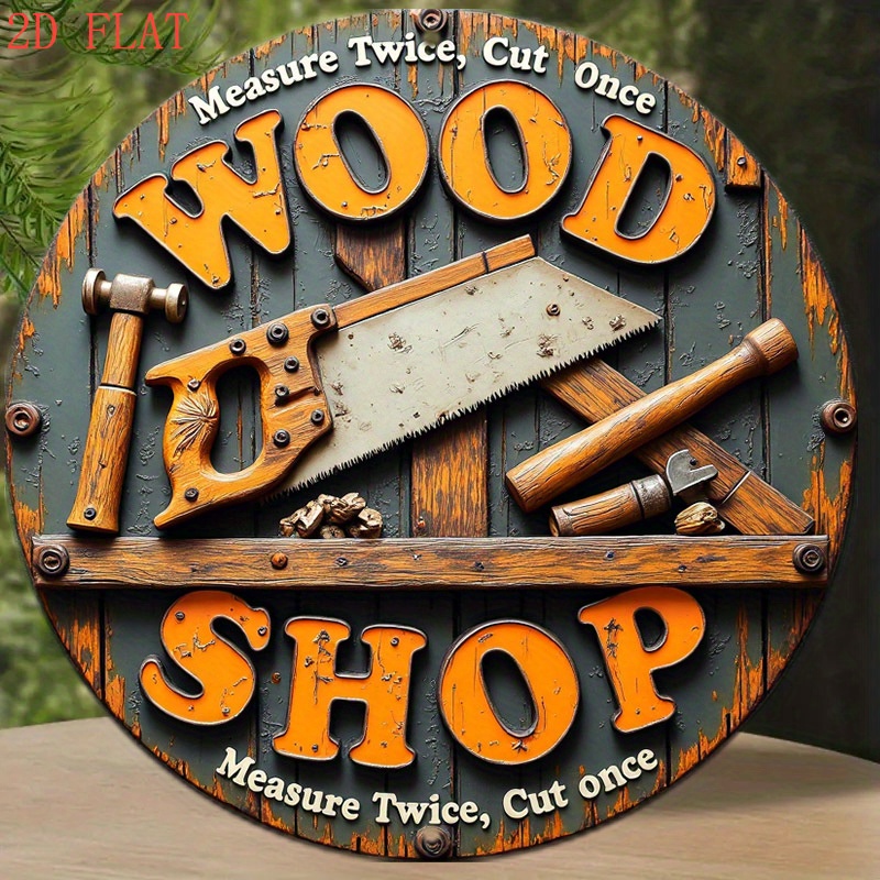 Woodworking Art - ヴィンテージ2D 8インチ丸型メタルサイン ファームハウス木工テーマ 防錆・UV/傷/火災に強いウォールアート