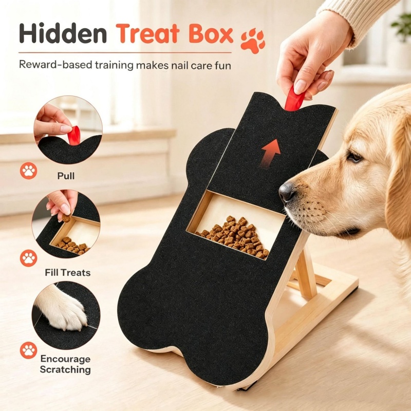 木製犬用爪とぎボード、引き出し式トリムパッド付き、内蔵おやつ - Woodworking Magazine のレビューと価格