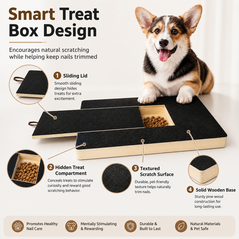 木製犬用爪とぎボード、おやつボックス付き、引き出し式サンドペ - Woodworking Magazine のレビューと価格