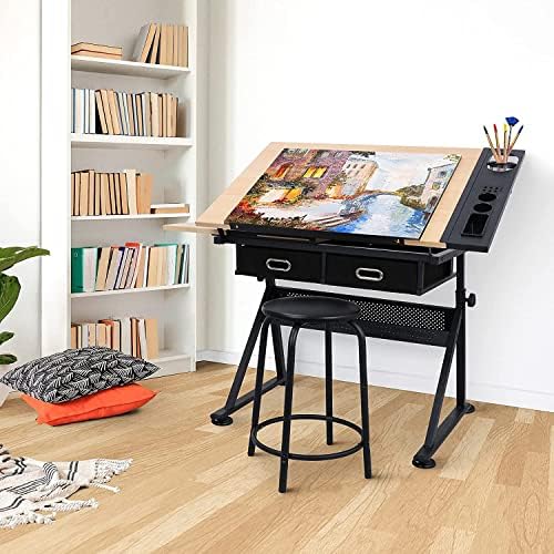 製図台 アートデスク 収納引き出し2個付き、高さ調節可能な製 - Woodworking Art のレビューと価格