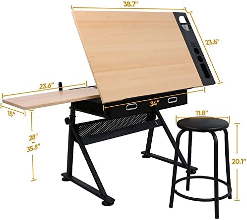 製図台 アートデスク 収納引き出し2個付き、高さ調節可能な製 - Woodworking Art のレビューと価格