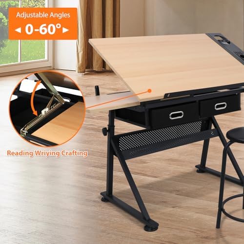 製図台 アートデスク 収納引き出し2個付き、高さ調節可能な製 - Woodworking Art のレビューと価格